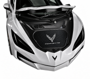 C8 Corvette carbon fiber look frunk cover with Cross Flags and Corvette script, gallery view 1