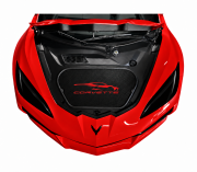 C8 Corvette carbon fiber look frunk cover with Corvette script and C8 silhouette, gallery view 1